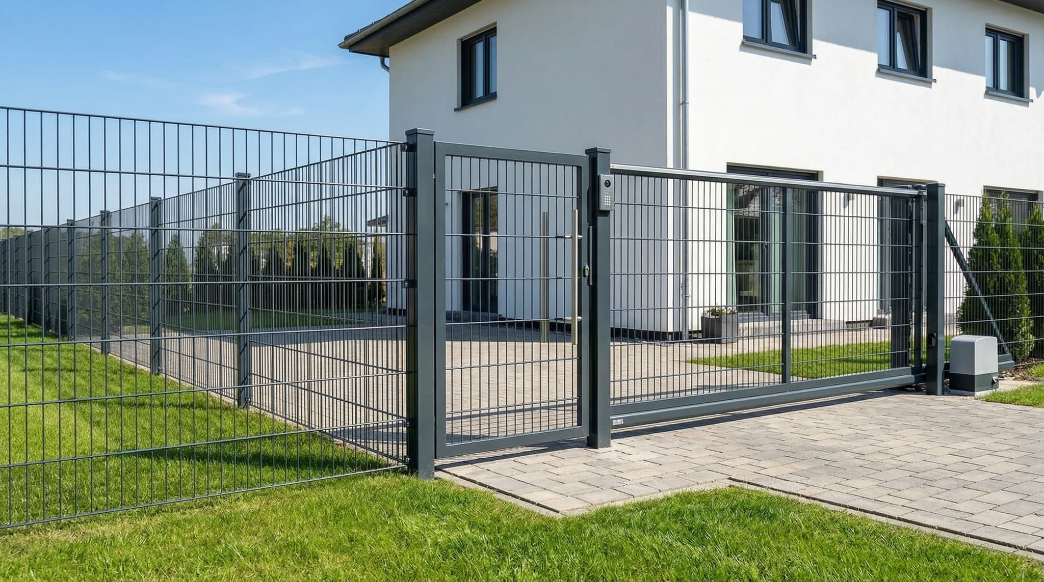 Ogrodzenie panelowe antracyt z bramą i panelem domofonowym