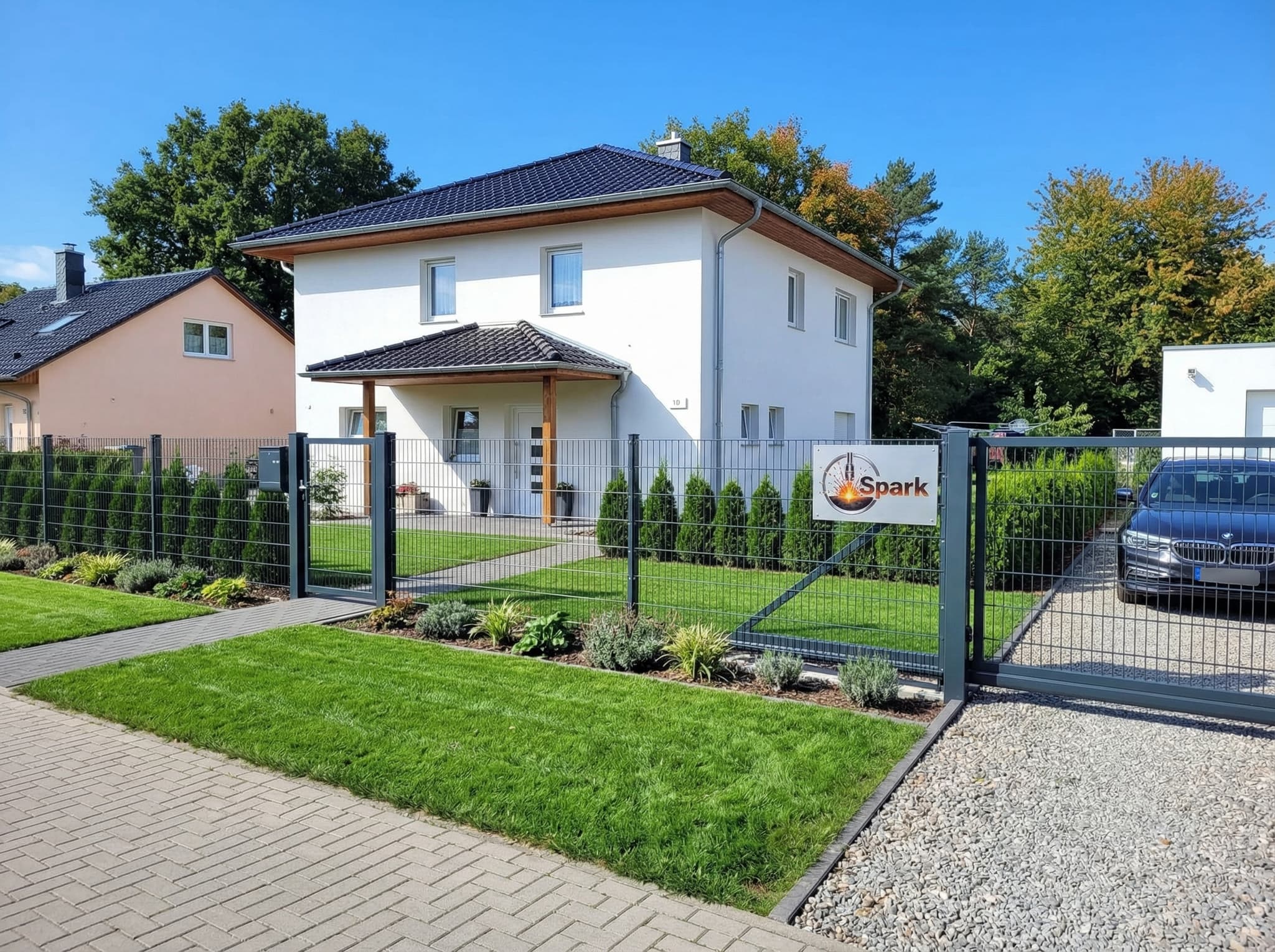 Realizacja Spark Ogrodzenia - ogrodzenie panelowe antracyt z bramą przesuwną i logo Spark na słupku